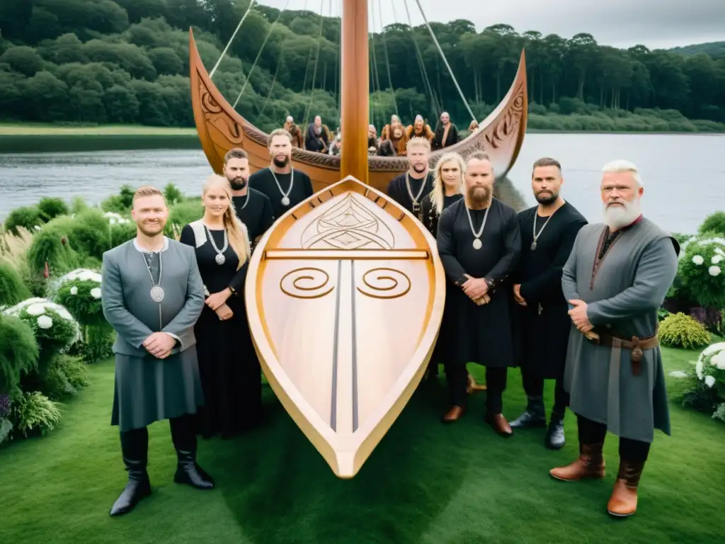 Un grupo de personas en atuendo vikingo rodea un barco funerario, recreando prácticas funerarias vikingas en la actualidad