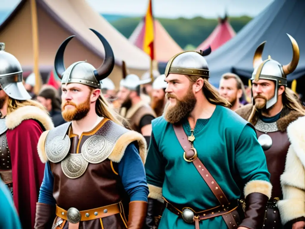 Un grupo de personas se prepara para un concurso de vestuario vikingo en festivales, ajustando sus elaborados trajes con detalle