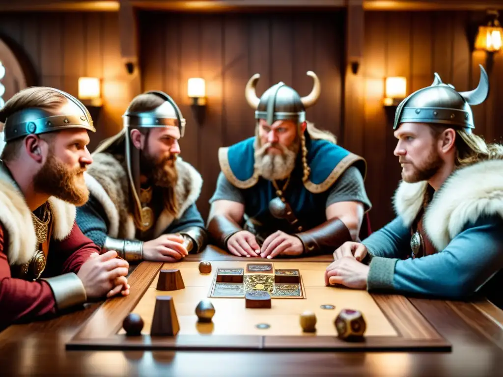 Un grupo de personas disfruta de un juego de mesa vikingo educativo en una habitación acogedora y decorada al estilo vikingo