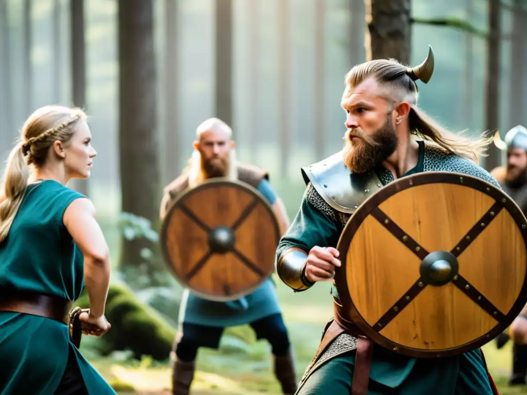 Un grupo de personas en trajes vikingos practicando técnicas de combate en un bosque nórdico, iluminados por el sol