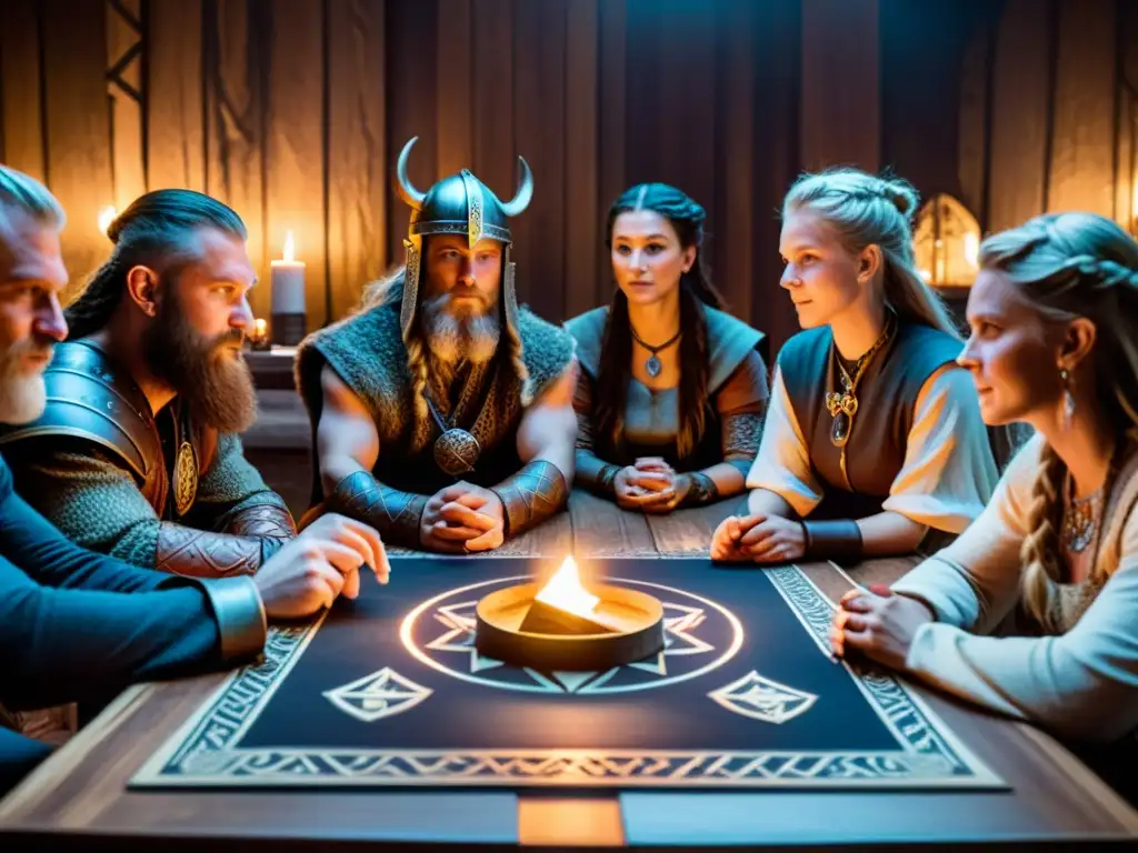 Un grupo de personas vestidas con atuendos vikingos realizando juegos de mesa rituales en una ambientación mística con velas