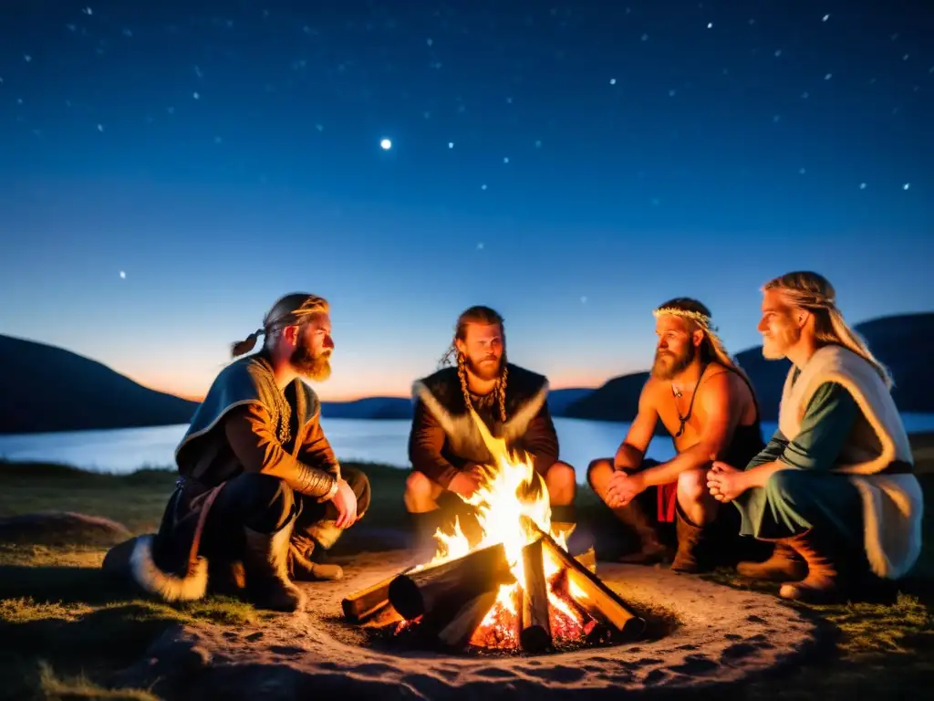 Un grupo de personas vestidas con atuendos vikingos alrededor de una fogata bajo el cielo estrellado en la naturaleza escandinava