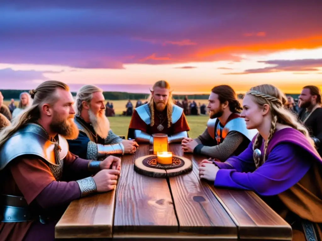 Un grupo de personas vestidas con atuendos vikingos en un festival, rodeados de runas nórdicas y velas, bajo un atardecer dramático