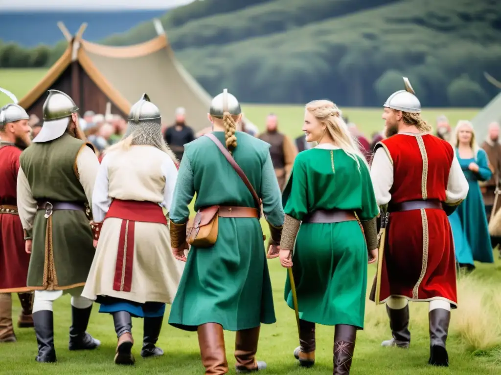 Un grupo de personas vestidas con auténticos atuendos vikingos en un festival histórico escandinavo vikingo