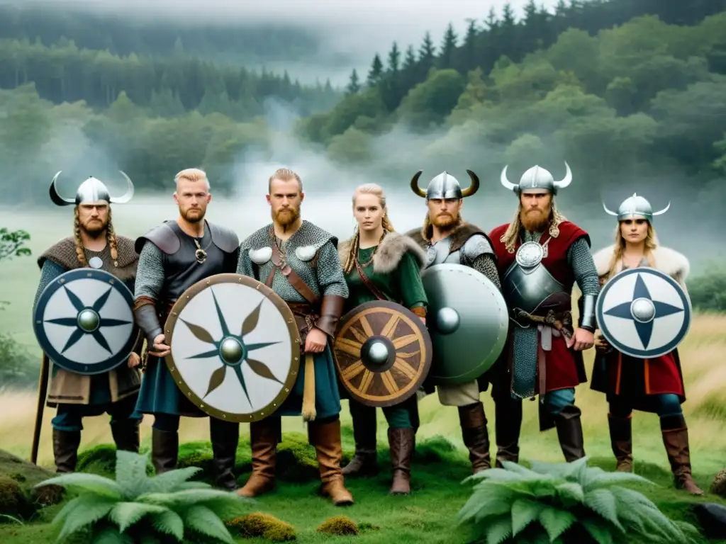 Un grupo de personas vestidas con moda y armadura vikinga aplicaciones, en un bosque neblinoso y frondoso