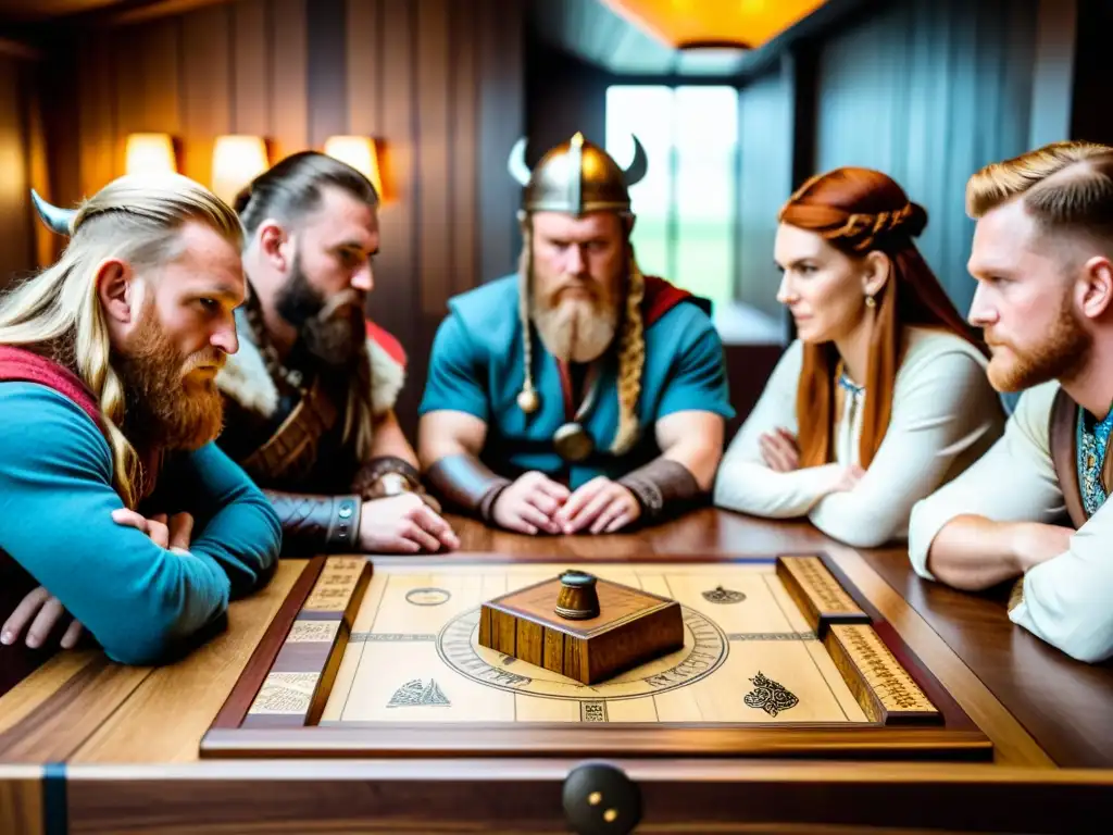 Un grupo de personas vestidas con ropa vikinga juega con determinación Juegos de estrategia vikinga Ballinderry en una mesa de madera