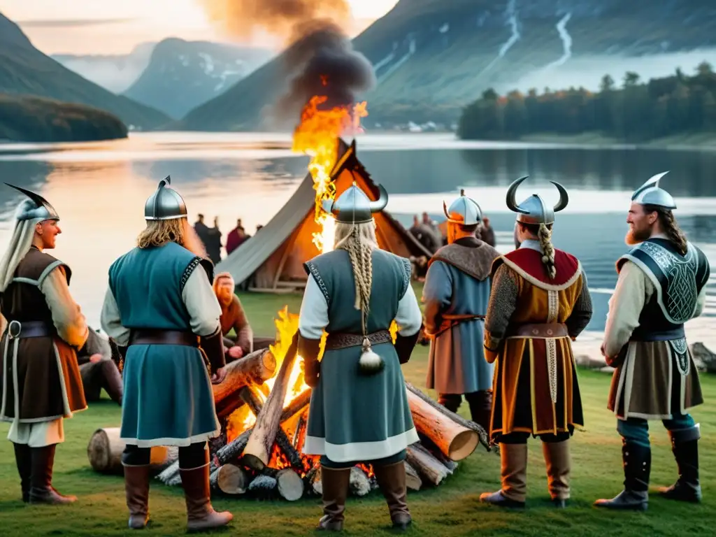 Un grupo de personas vestidas con trajes vikingos alrededor de una hoguera en un escenario vikingo, ideal para hoteles inspirados en la era vikinga