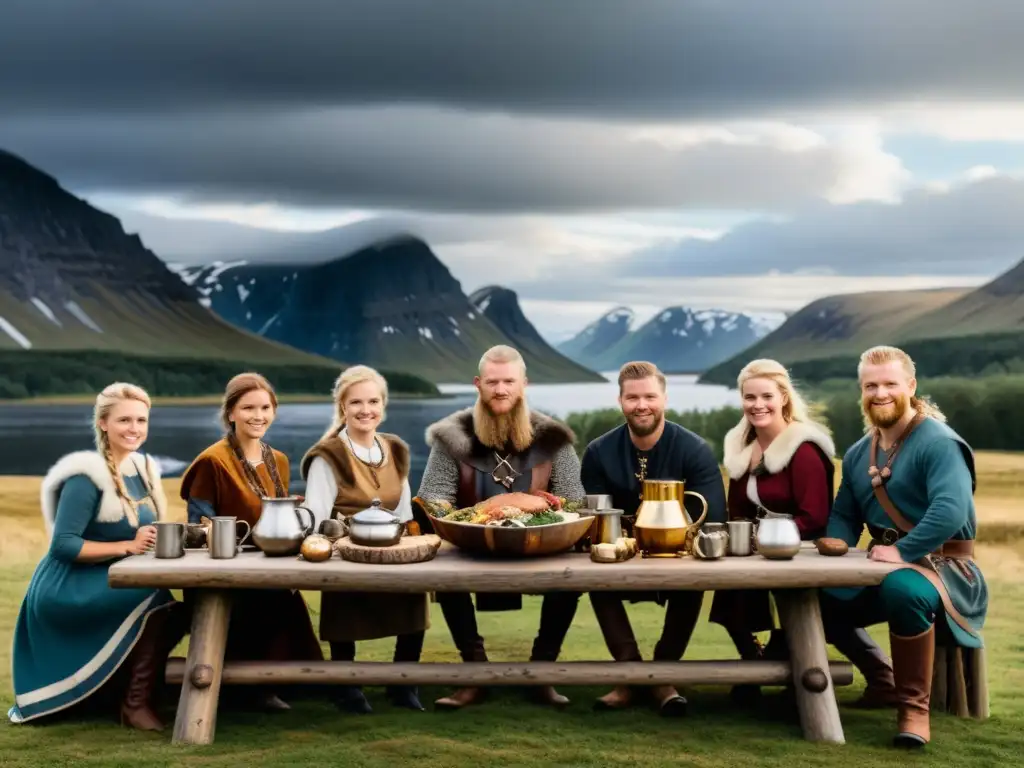 Un grupo de personas vestidas como vikingos disfrutan de una comida tradicional al aire libre en un paisaje nórdico dramático