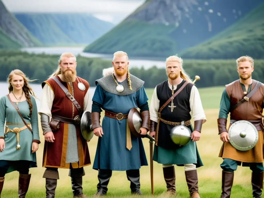 Un grupo de personas vistiendo vestimenta vikinga símbolo estatus, inmersos en una recreación histórica al aire libre