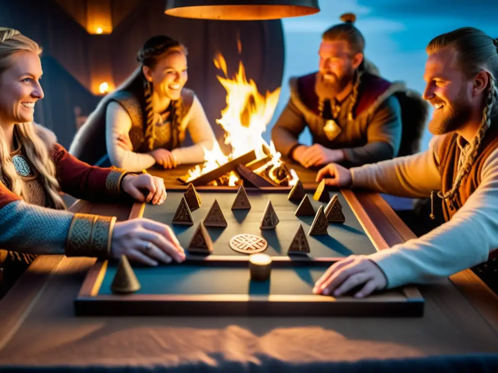 Un grupo de personas vikingas juegan con entusiasmo un detallado juego de mesa temático, en una atmósfera cálida y acogedora