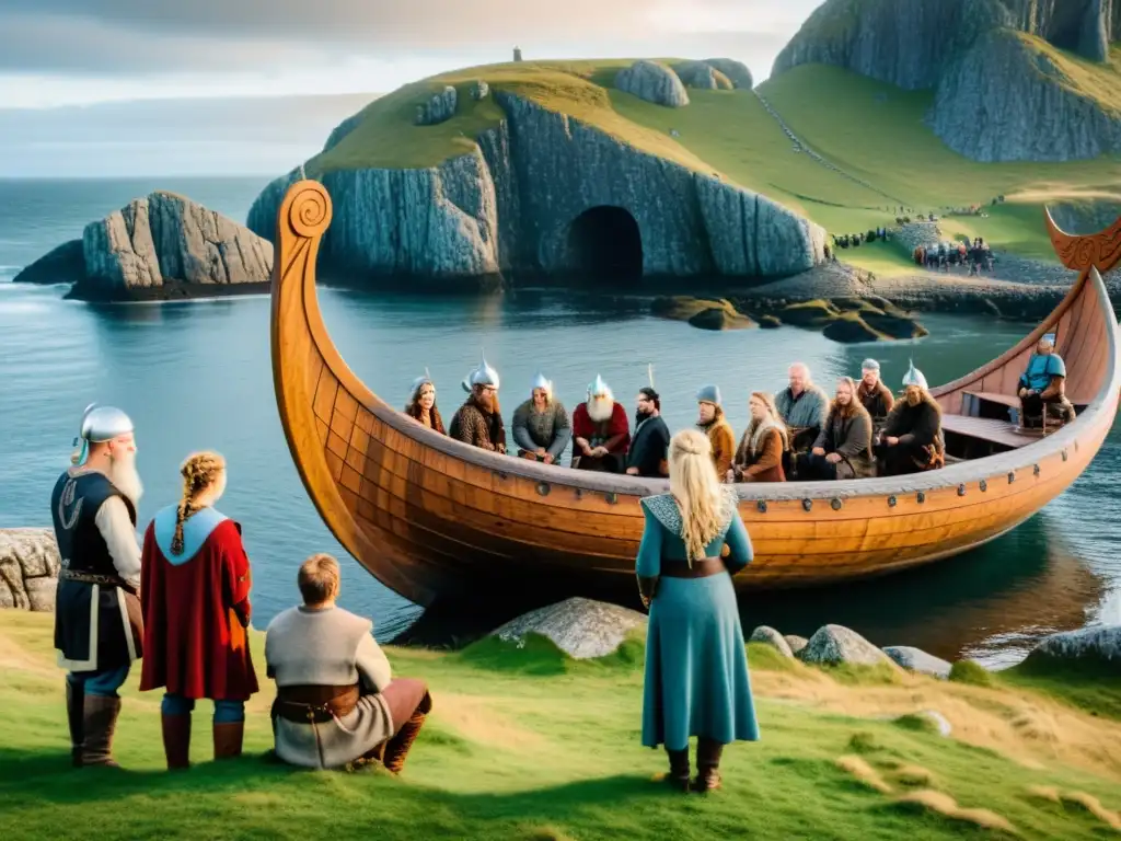 Un grupo de personas vikingas en un tour de inmersión mitológica, escuchando a un anciano sabio junto a un barco y paisaje nórdico al atardecer