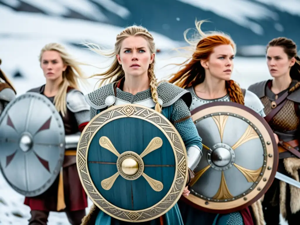 Un grupo de poderosas mujeres guerreras vikingas con armaduras y armas, unidas en un paisaje nevado