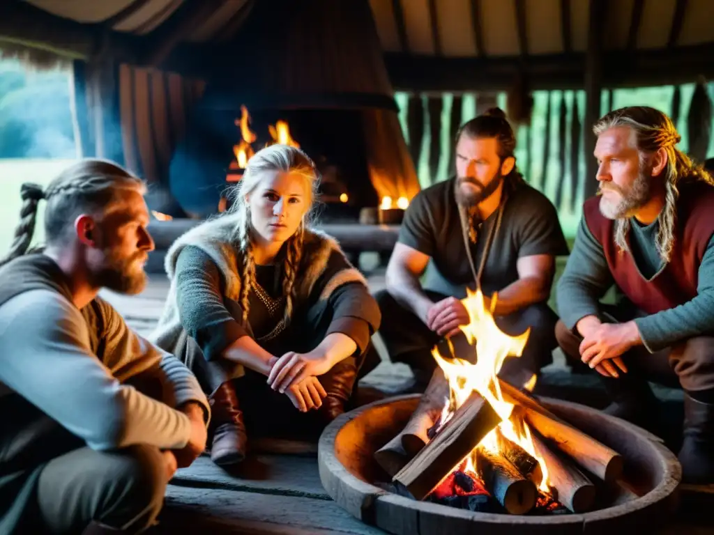 Grupo de poetas vikingos recitando poemas antiguos junto al fuego en una casa larga, en una escena que evoca la poesía escáldica vikinga