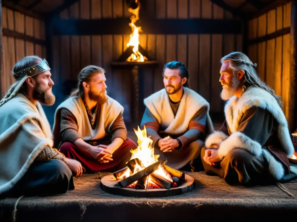 Un grupo de poetas vikingos recita versos antiguos junto al fuego en una cabaña iluminada, vistiendo atuendos tradicionales