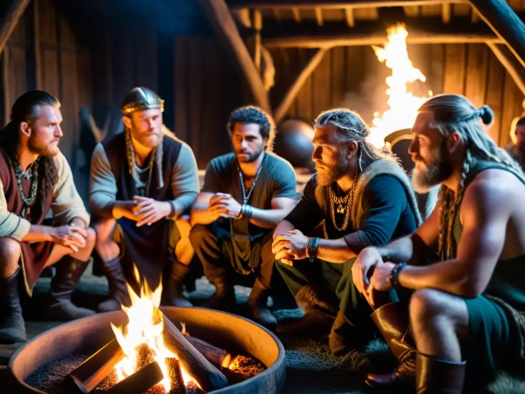 Un grupo de poetas vikingos recitando versos en una casa larga iluminada por una fogata, en una escena auténtica y misteriosa