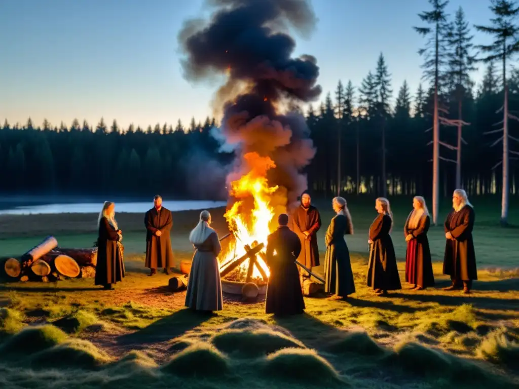 Grupo de practicantes de neopaganismo nórdico en ritual alrededor de fogata en el bosque al anochecer