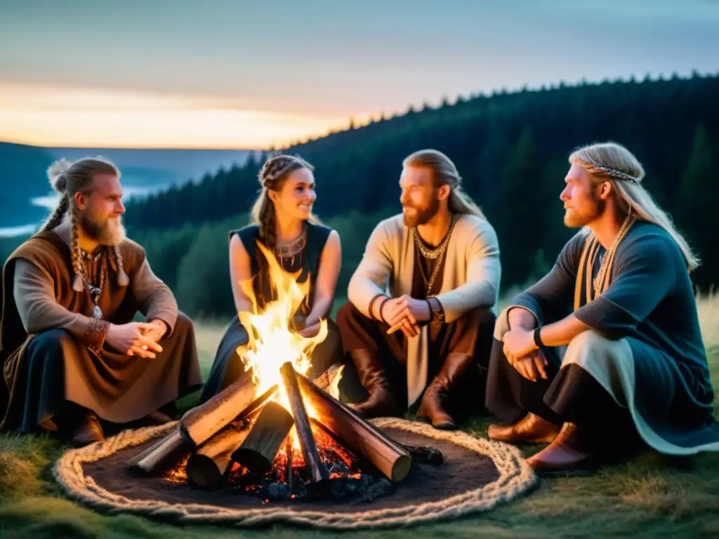 Grupo de practicantes de neopaganismo nórdico en ritual alrededor de una hoguera en el bosque místico