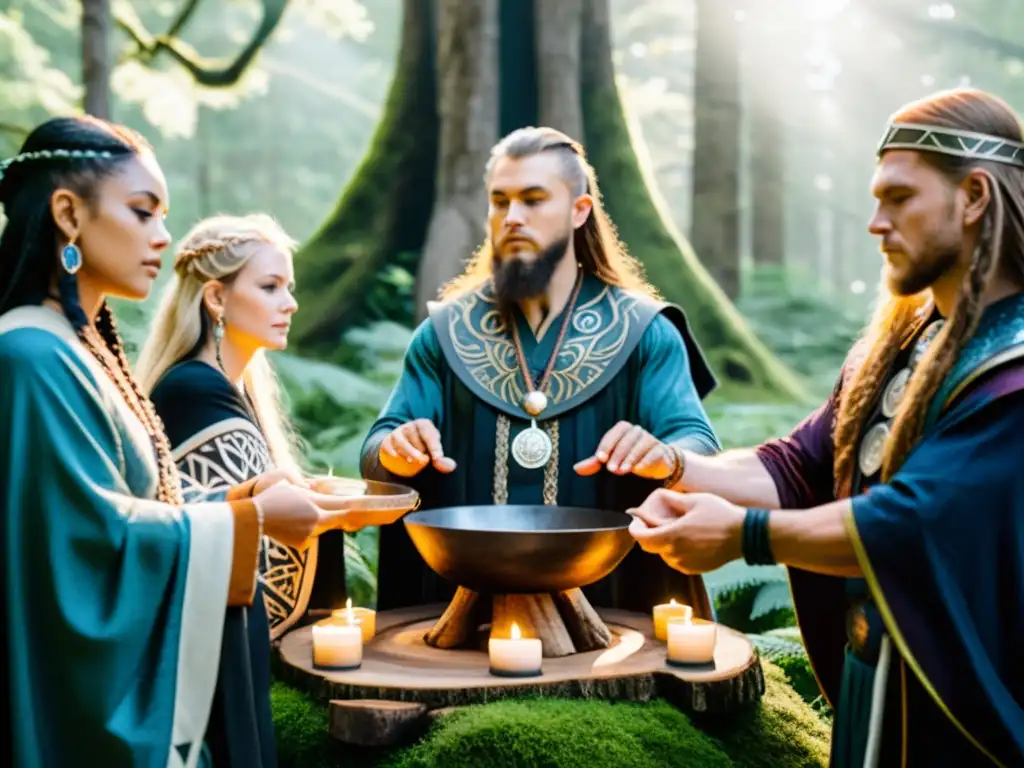 Ritual nórdico en el bosque: devotos de Asatru en ceremonia Un grupo de practicantes de Asatru contemporáneo realiza un ritual en un bosque, creando una atmósfera mística