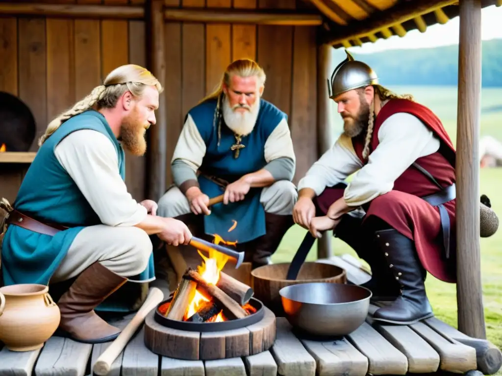 Un grupo de recreadores en auténticos atuendos vikingos realizando actividades en una reconstrucción de aldea vikinga