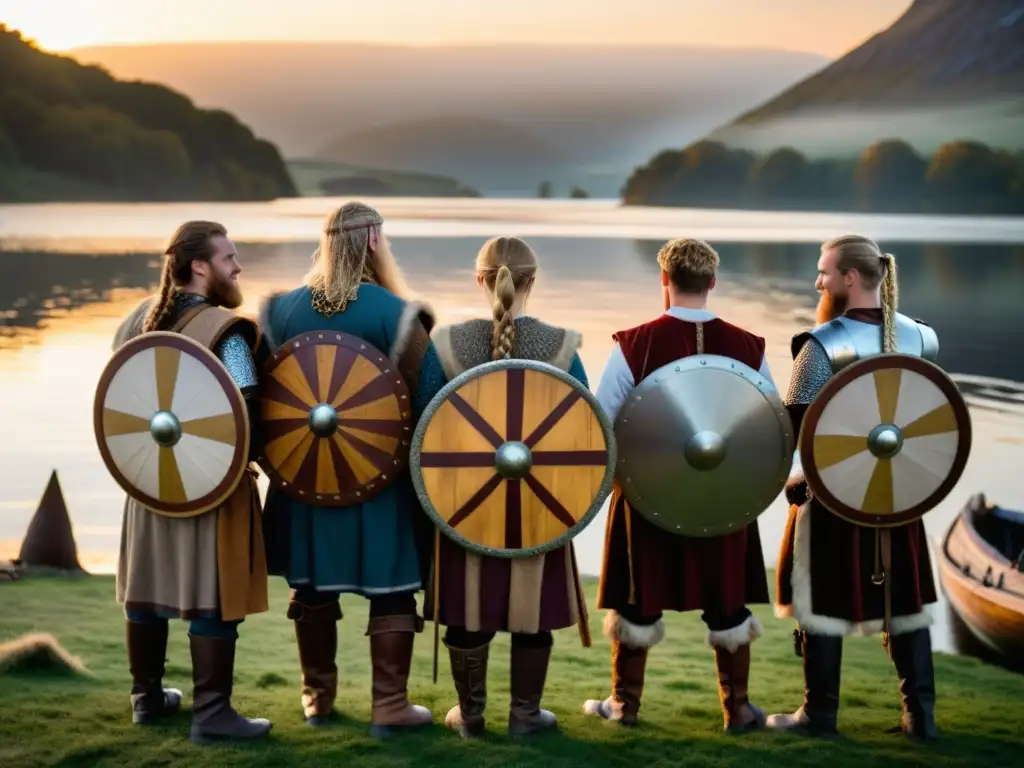 Un grupo de recreadores en detallados trajes vikingos alrededor de una hoguera al atardecer en un festival de recreación histórica vikinga