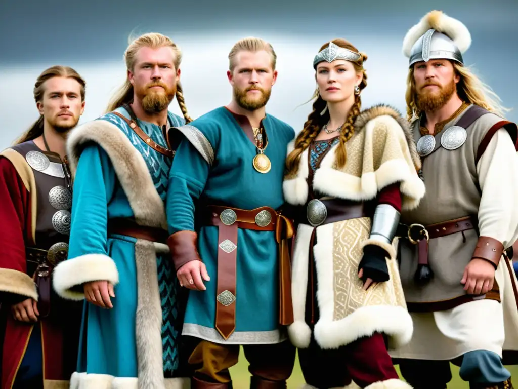 Un grupo de recreadores históricos visten patrones de vestimenta vikinga con detalles y colores vibrantes