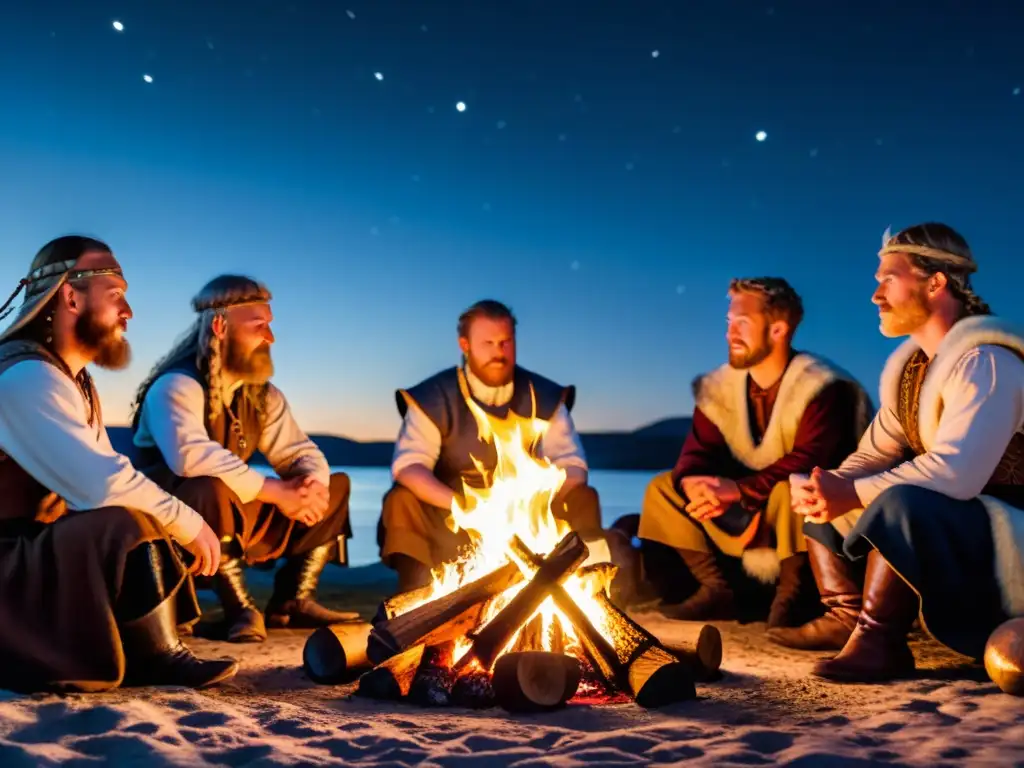 Grupo de recreadores históricos vikingos escuchando historias junto a una hoguera bajo un cielo estrellado