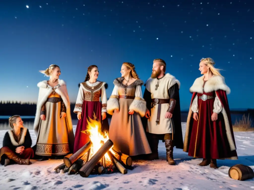 Un grupo de recreadores con vestidos vikingos elegantes y atemporales alrededor de una hoguera bajo un cielo estrellado en un bosque exuberante