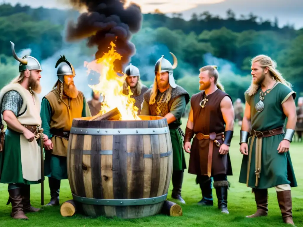 Un grupo de recreadores vestidos como vikingos elaborando hidromiel bajo la luna en un claro del bosque