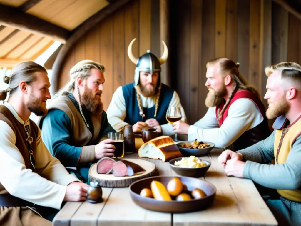 Grupo de recreadores de la vida cotidiana vikinga moderna disfrutando de un festín al aire libre