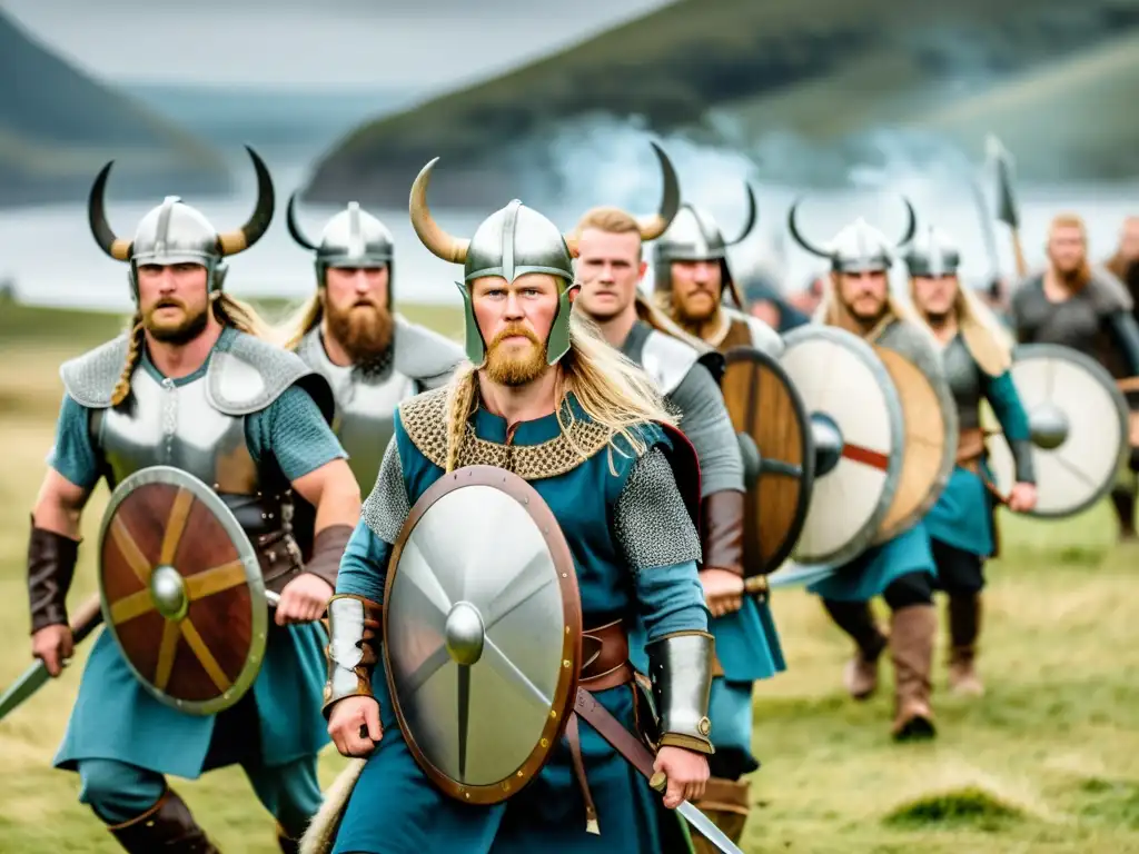 Un grupo de recreadores de vida vikinga en intensa batalla en paisaje nórdico