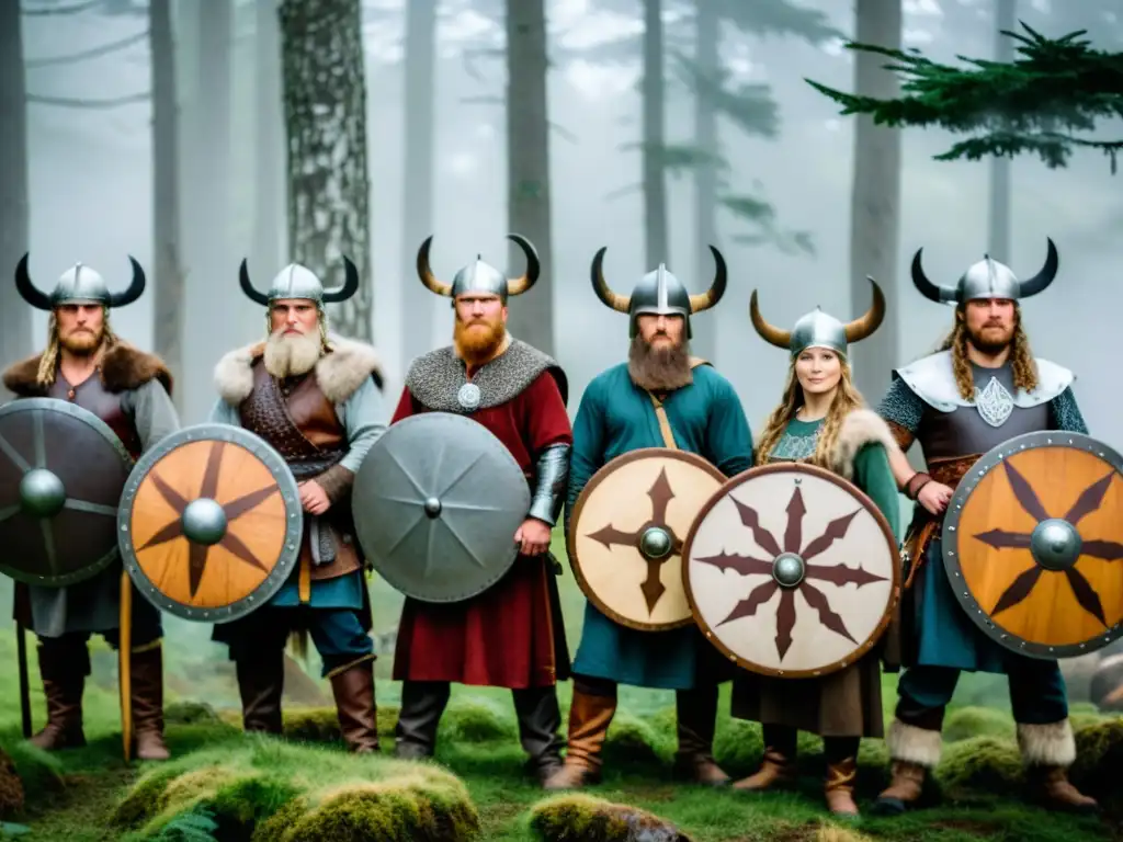 Un grupo de recreadores vikingos en un bosque neblinoso, portando escudos y hachas