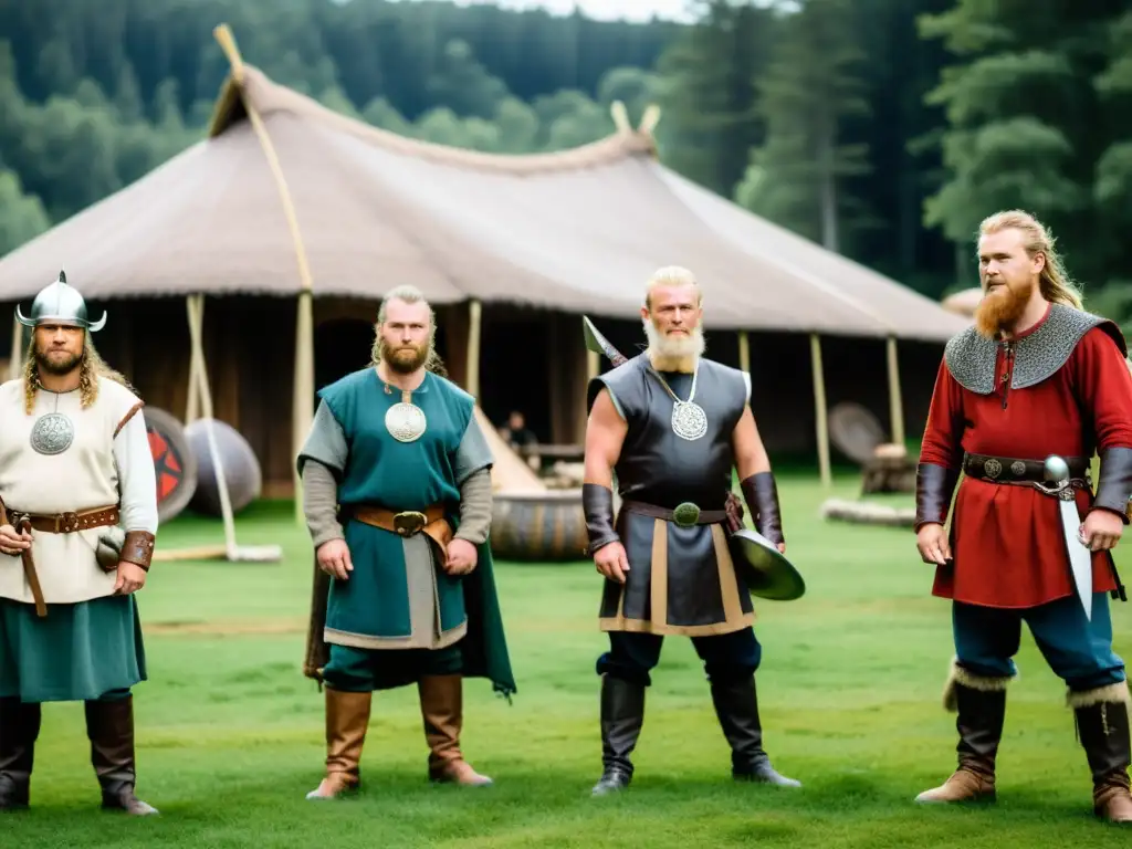 Un grupo de recreadores vikingos en un bosque escandinavo, frente a una casa vikinga, mostrando autenticidad y detalle