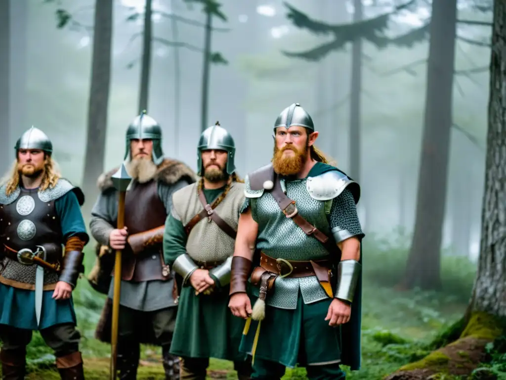 Grupo de recreadores vikingos en un bosque brumoso, listos para el combate