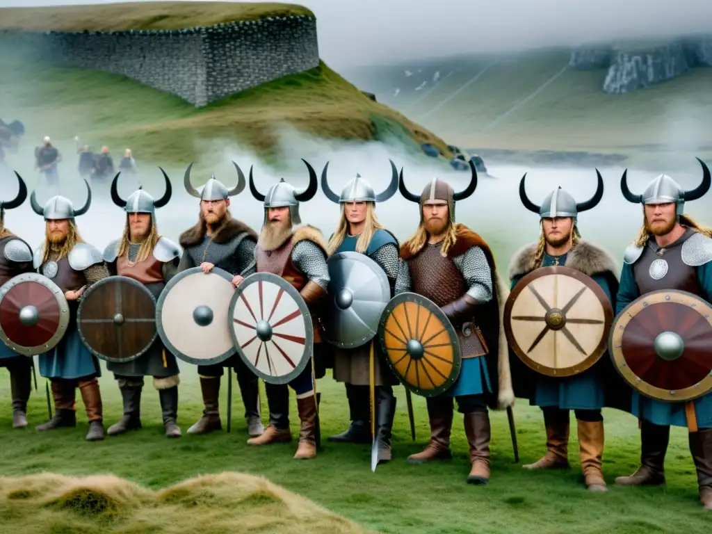 Un grupo de recreadores vikingos en formación de escudo, listos para la batalla en un paisaje brumoso