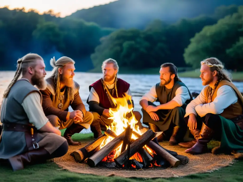 Un grupo de recreadores vikingos se reúnen alrededor de una hoguera, inmersos en historias