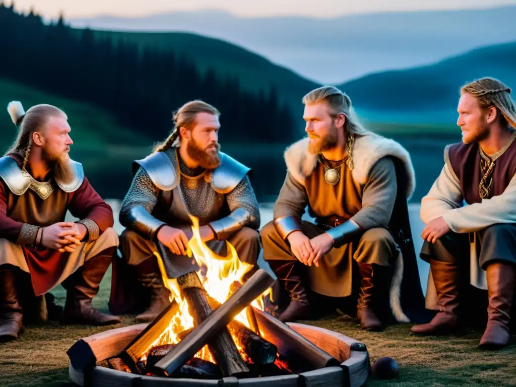 Un grupo de recreadores vikingos alrededor de una hoguera al anochecer, preparando el escenario para futuras series sobre vikingos