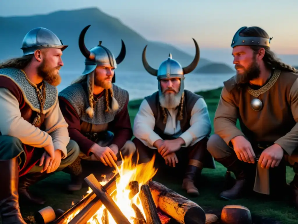 Un grupo de recreadores vikingos alrededor de una hoguera al atardecer