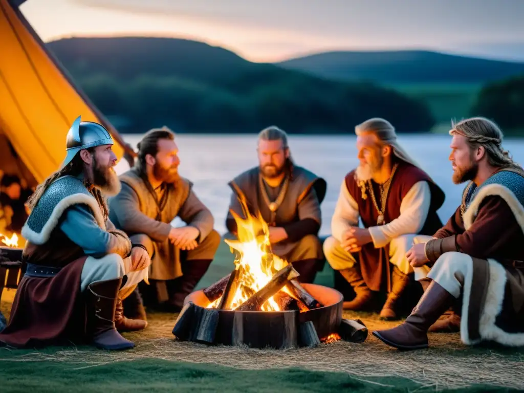 Un grupo de recreadores vikingos, iluminados por el fuego, comparten historias