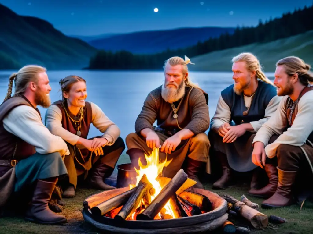 Grupo de recreadores vikingos cocinando recetas vikingas alrededor de una fogata en la naturaleza nórdica estrellada