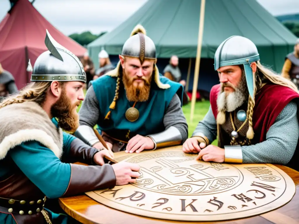 Un grupo de recreadores vikingos analiza el significado de las runas vikingas en un festival al aire libre