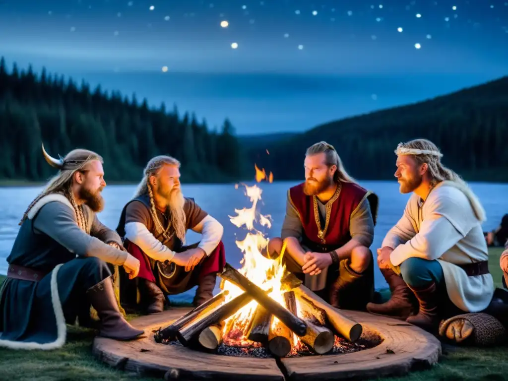 Un grupo de recreadores vikingos escuchan a un skald recitar una narrativa épica junto al fuego del campamento en un bosque nórdico estrellado