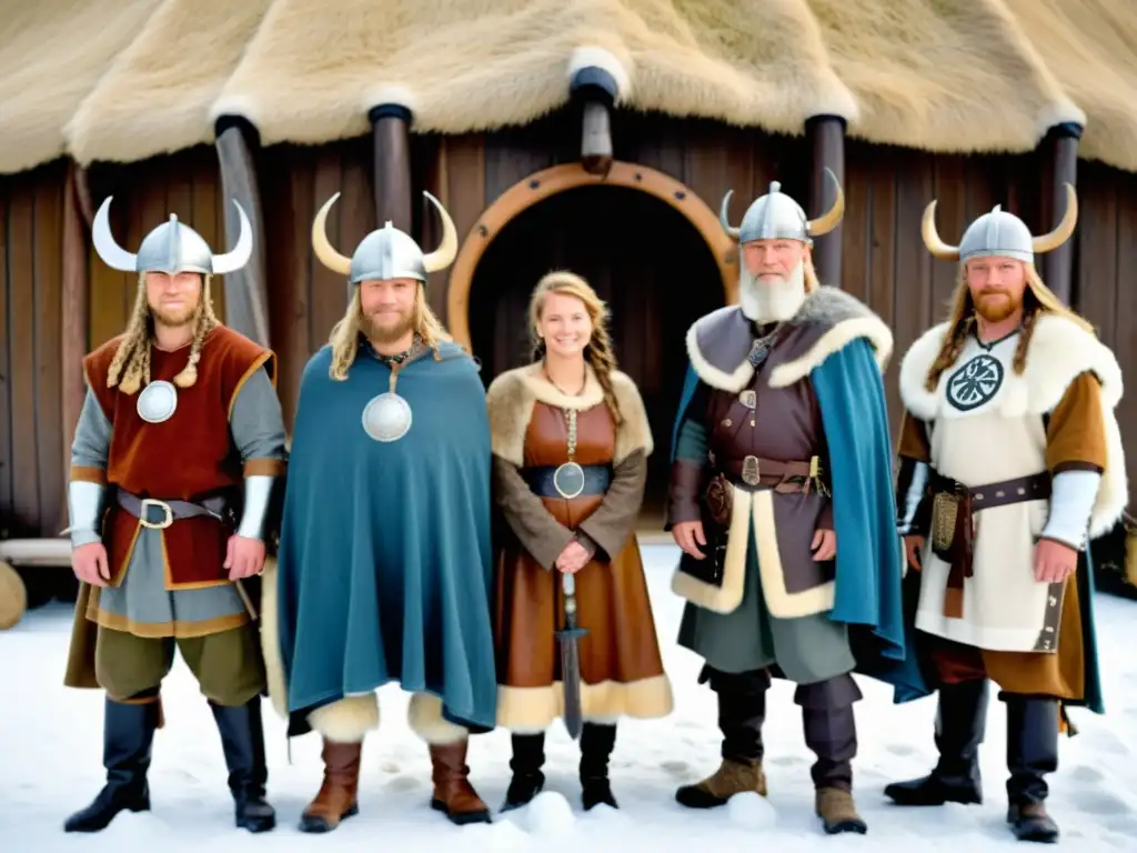 Un grupo de recreadores vikingos con vestimenta auténtica ante una casa vikinga reconstruida, rodeados de montañas nevadas