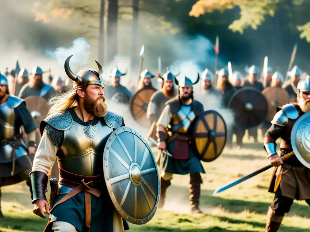 Grupo de reenactment en batalla vikinga épica, sol filtrándose entre árboles