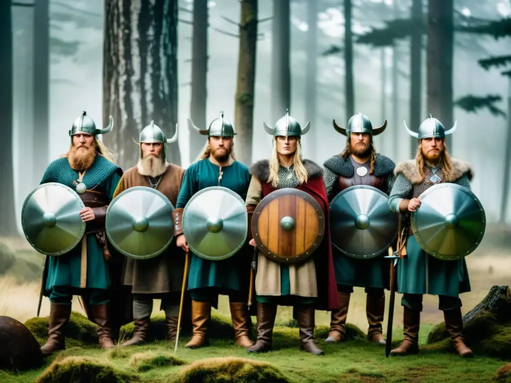 Un grupo de reenactores de expediciones vikingas en Escandinavia, rodeados de misterio en un bosque brumoso