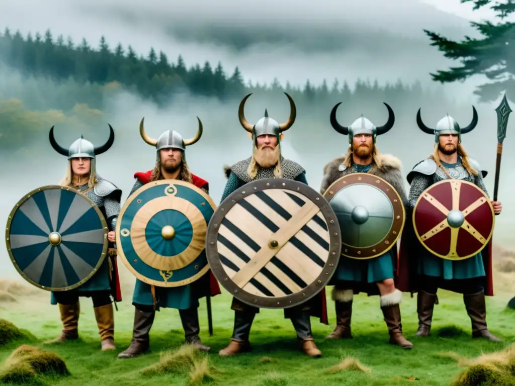 Un grupo de reenactores en trajes de guerreros vikingos en un bosque brumoso con ruinas antiguas