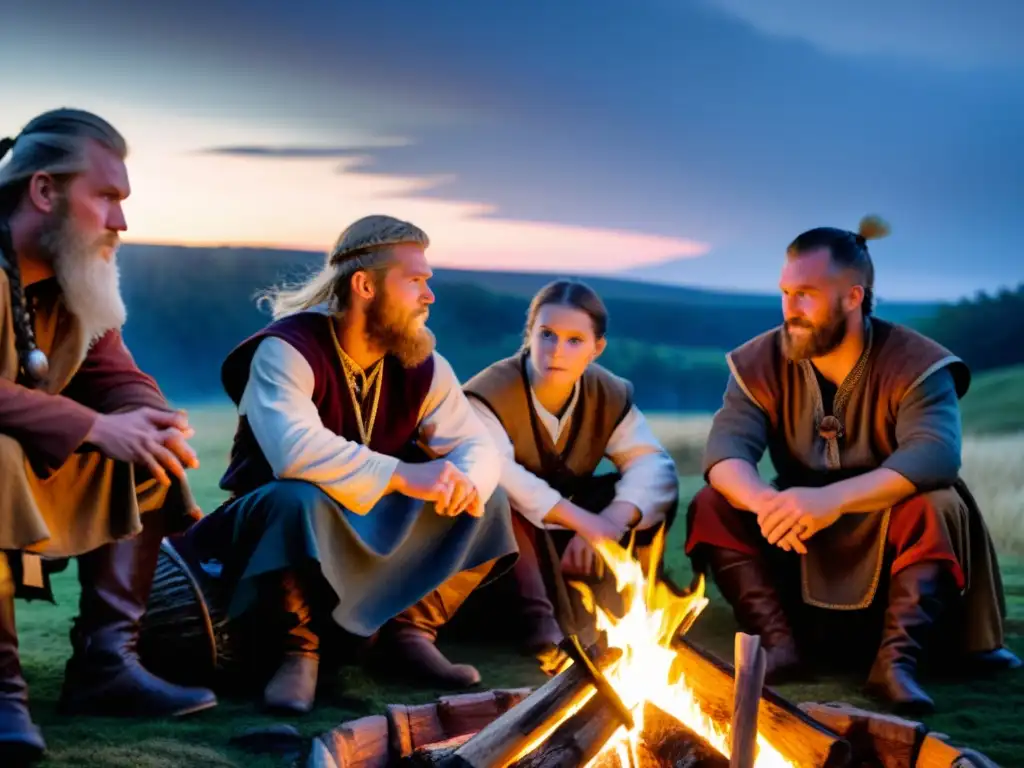 Un grupo de reenactores en trajes vikingos alrededor de una fogata en una aldea histórica, recreando festivales vikingos