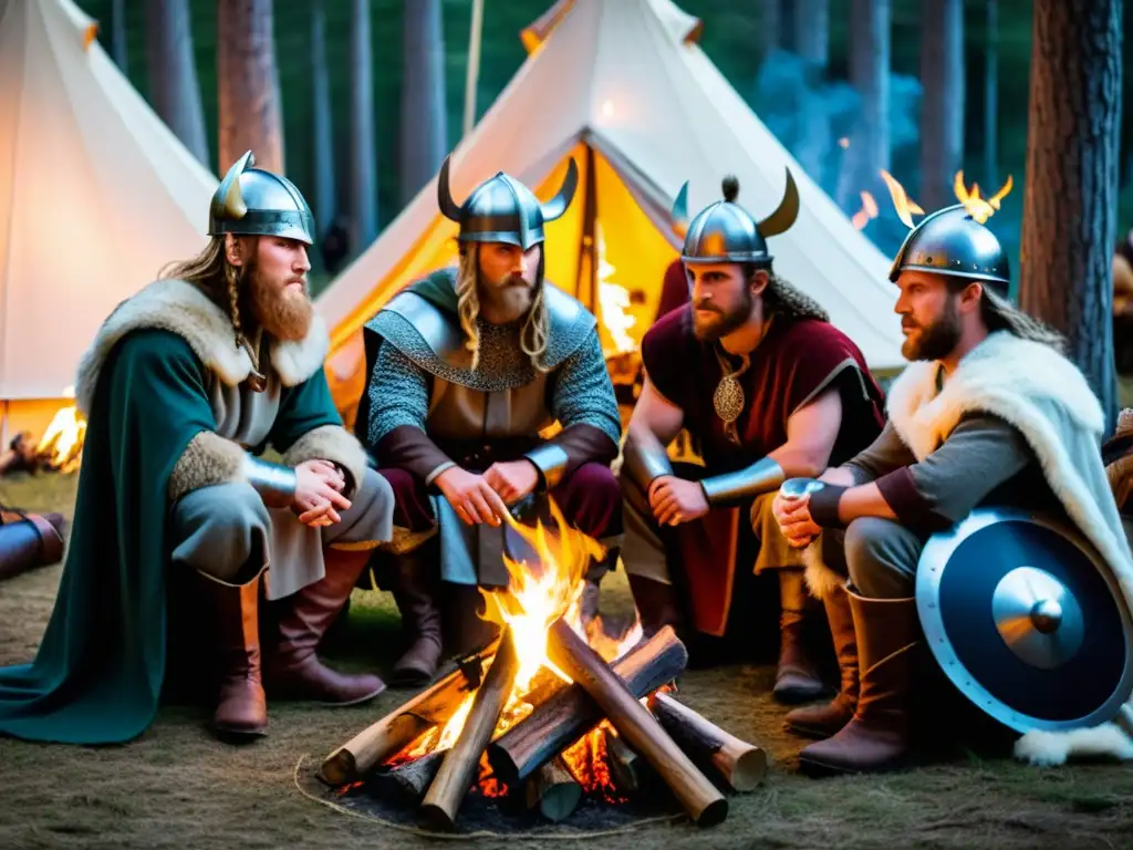 Grupo de reenactores en trajes vikingos alrededor de fogata en bosque