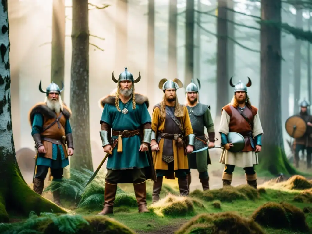 Un grupo de reenactores vestidos como Vikingos en un bosque neblinoso