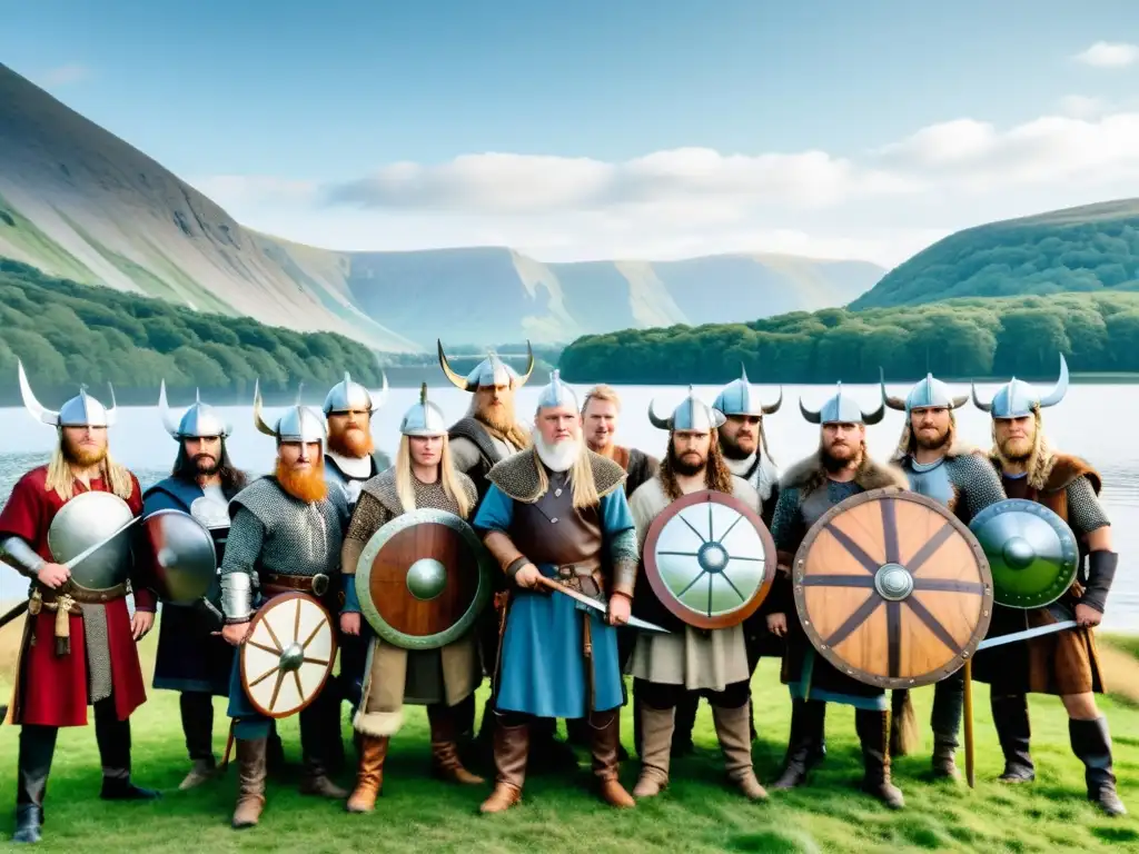 Grupo de reenactores vikingos con armaduras y espadas levantadas bajo cielo azul