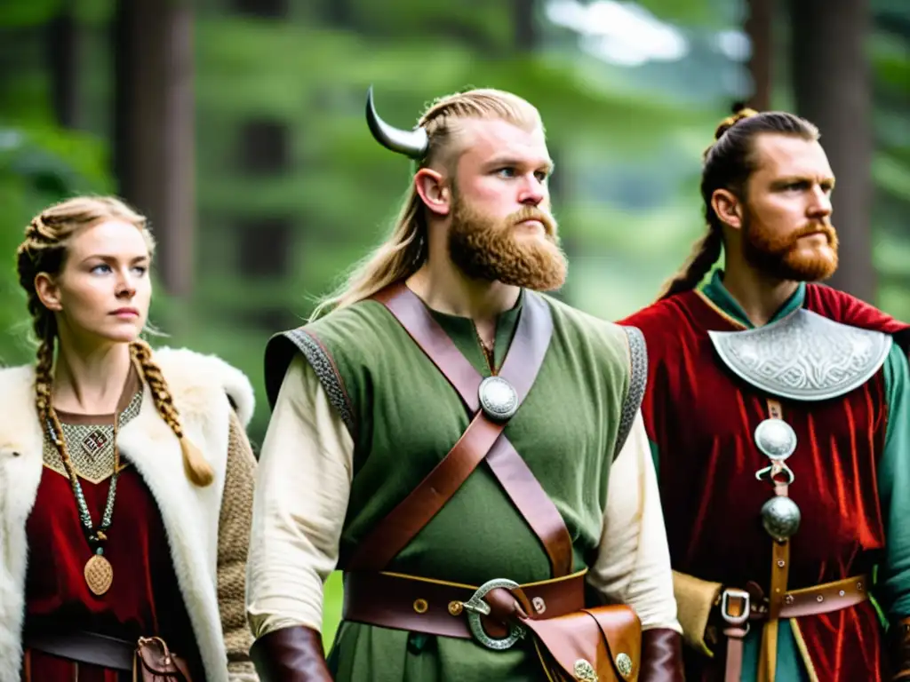 Un grupo de reenactores vikingos en un bosque, vistiendo elegantes y atemporales vestidos vikingos, con accesorios históricos y peinados auténticos